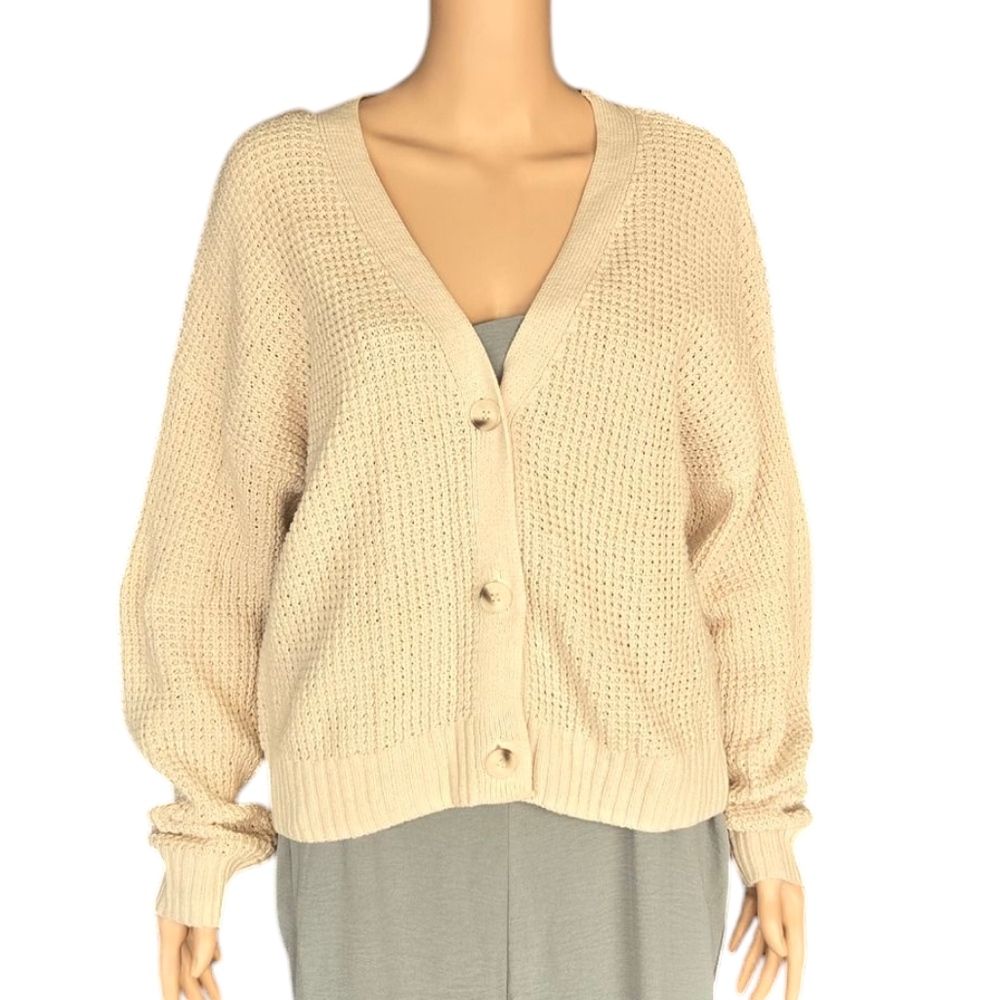 Jessica Simpson Cream Waffle Knit Cardigan Sweater Button Up Size Large Cotton